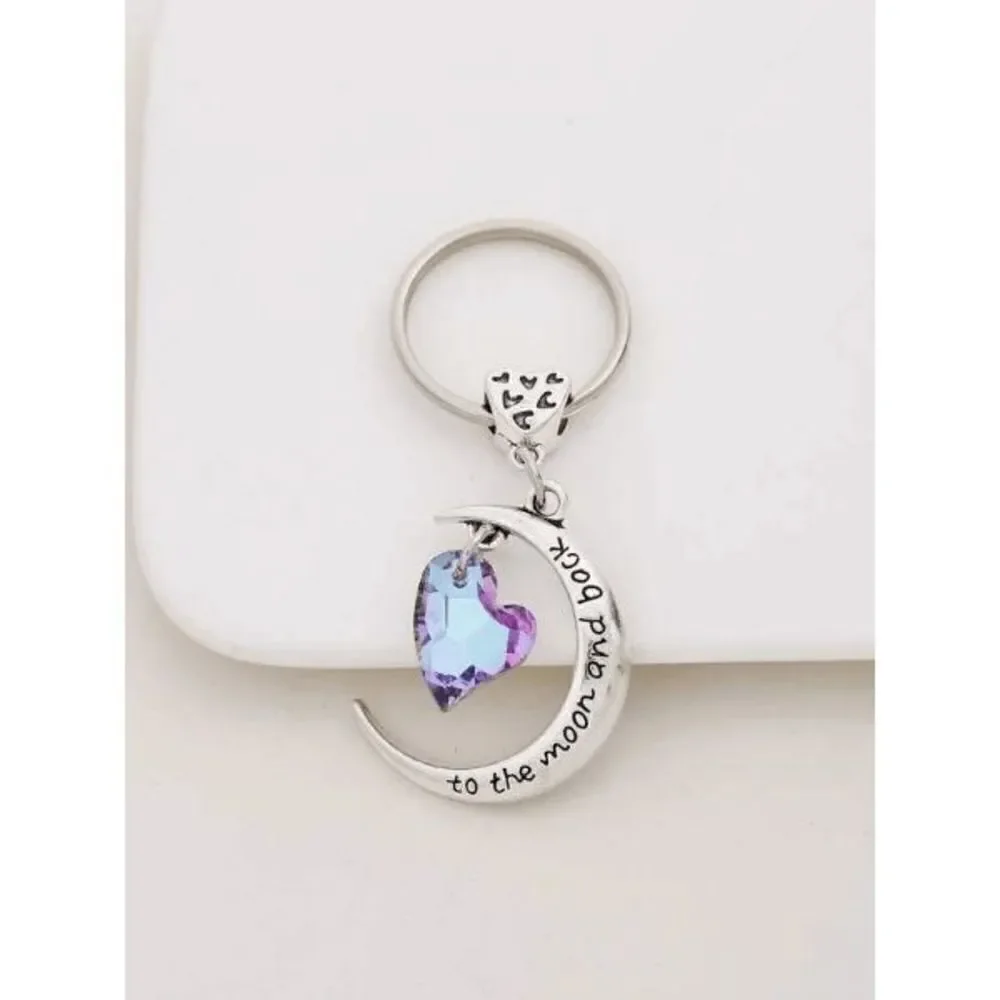 SILVER CRESCENT MOON MULTICOLOR HEART SLOGAN KEYCHAIN 